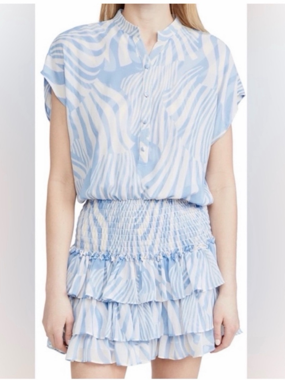 Misa Los Angeles Light Blue and White Ruffled Smocked Mini Dress
